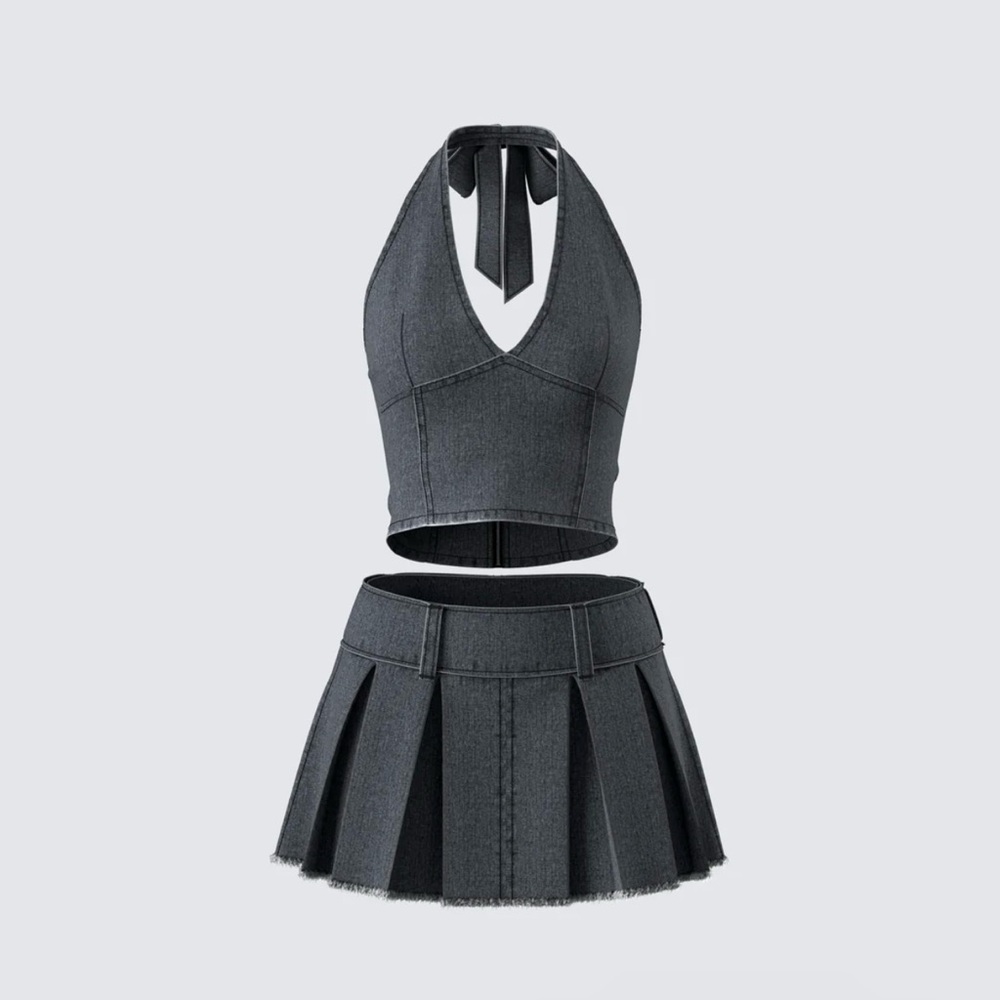 Finesse Ismay Denim Halter Top and Pleat Skirt, Large, Two Piece Set